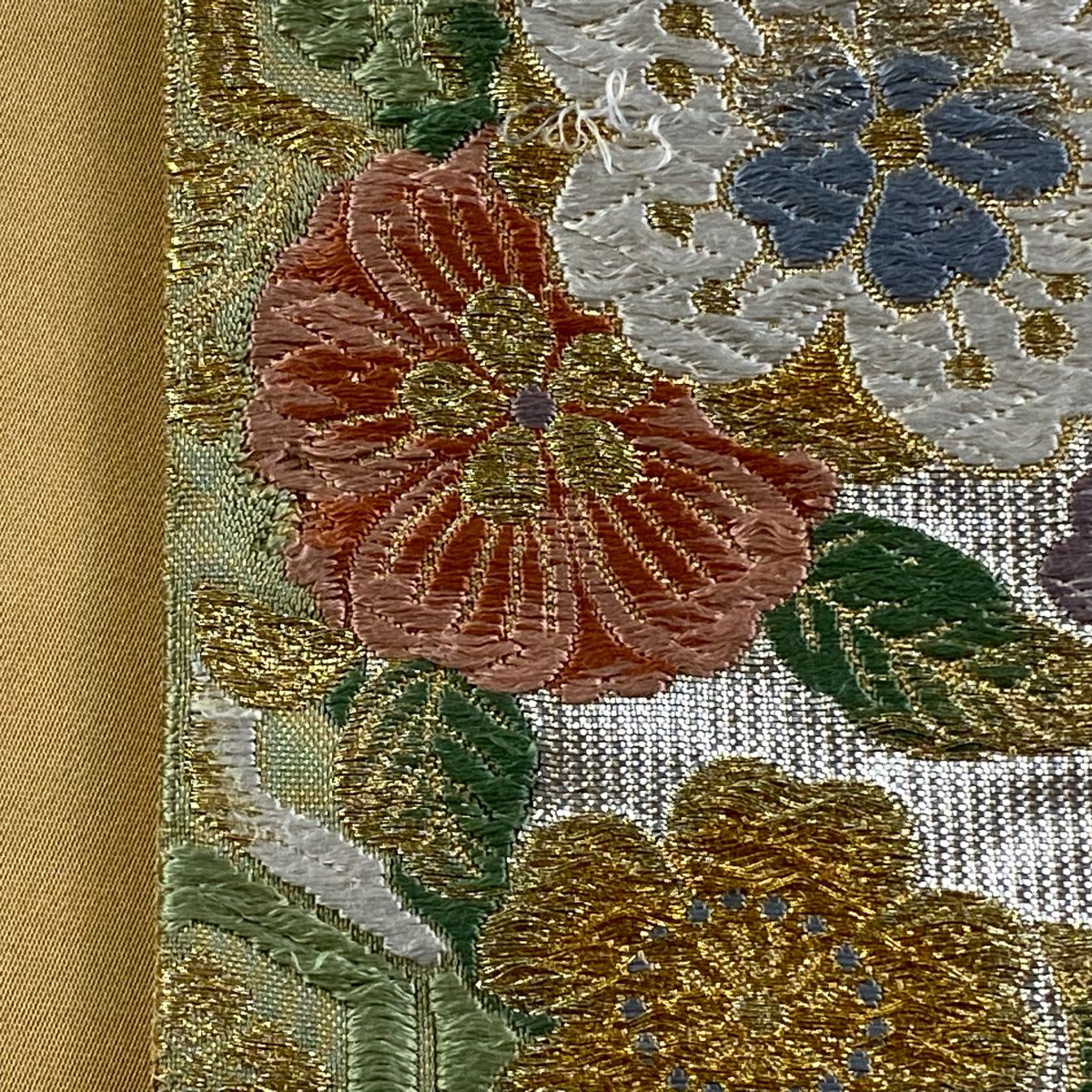 袋帶 秀品級 鳳凰 草花紋刺繡 金銀彩 薄茶 深藍 六通 純蠶絲