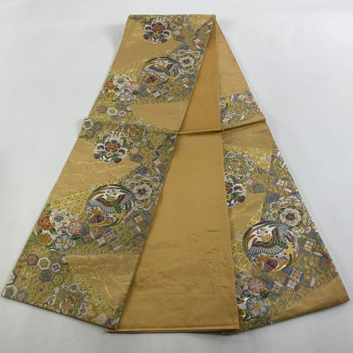 袋帶 秀品級 鳳凰 草花紋刺繡 金銀彩 薄茶 深藍 六通 純蠶絲