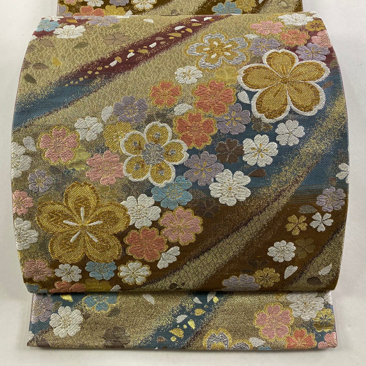 【美品】 袋帶 秀品級 虹彩 櫻花花瓣 金銀絲 金金箔 金色 六通 純蠶絲