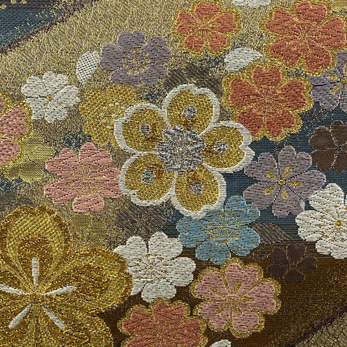 【美品】 袋帶 秀品級 虹彩 櫻花花瓣 金銀絲 金金箔 金色 六通 純蠶絲