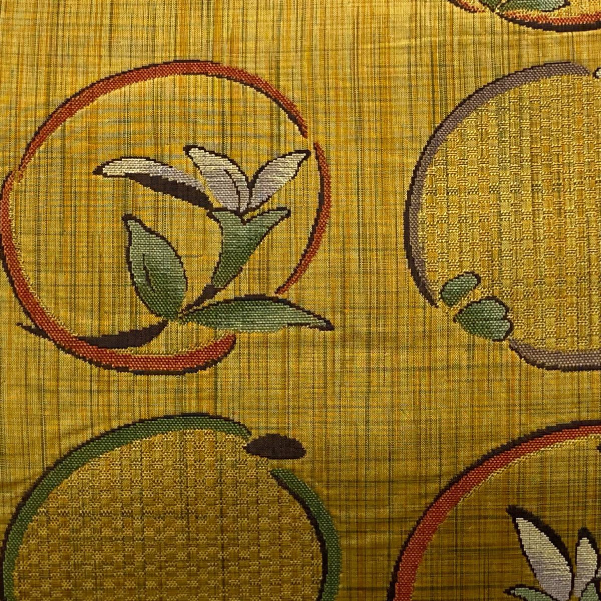 袋帶 秀品級 紬織織 草花紋紋 圓文 黃土 深藍色 六通 純蠶絲