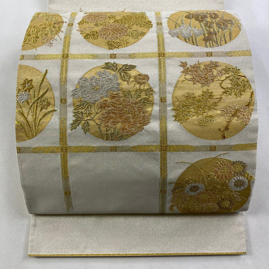 袋帶 秀品級 格天井 草花紋 金銀彩 奶油色 大鼓圖案 純蠶絲