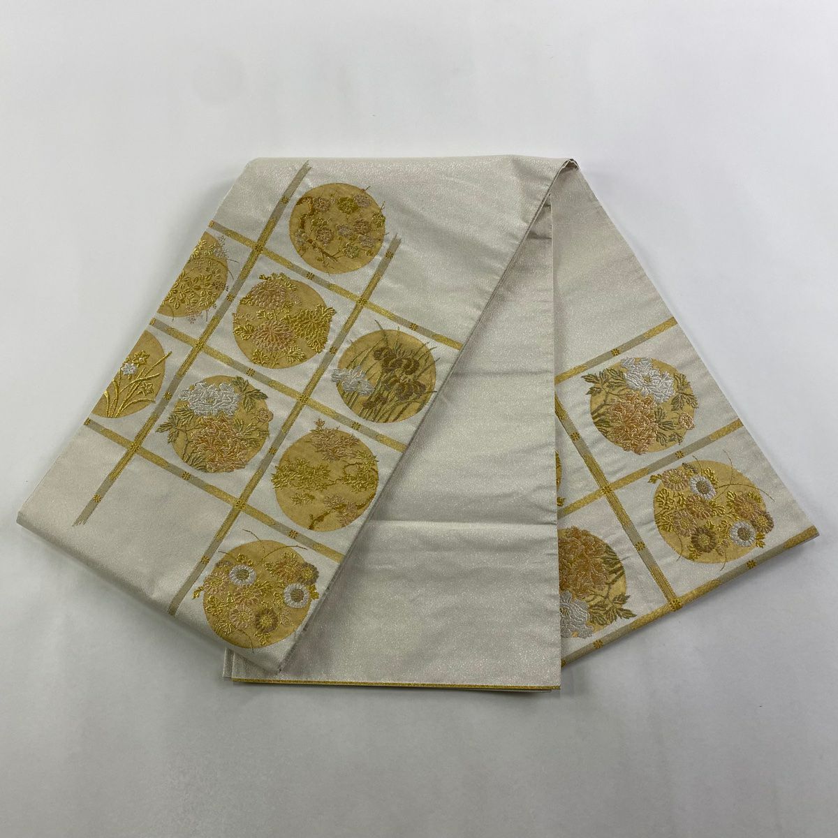 袋帶 秀品級 格天井 草花紋 金銀彩 奶油色 大鼓圖案 純蠶絲