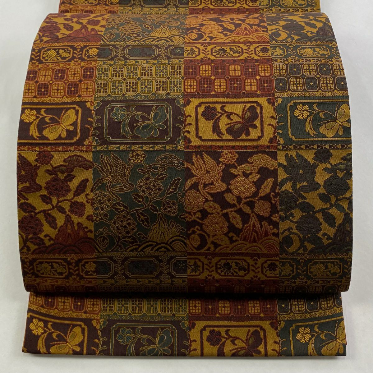 【美品】 袋帶 秀品級 花鳥 蝶 小豆 深藍 全通 純蠶絲