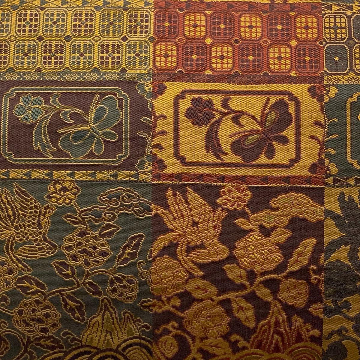 【美品】 袋帶 秀品級 花鳥 蝶 小豆 深藍 全通 純蠶絲