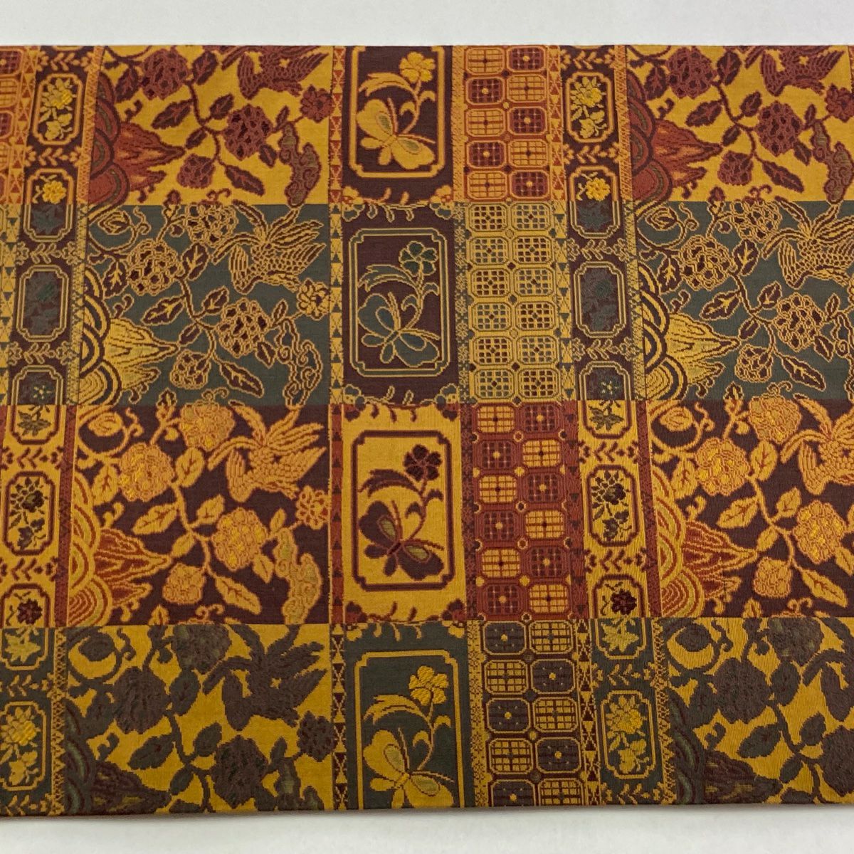 【美品】 袋帶 秀品級 花鳥 蝶 小豆 深藍 全通 純蠶絲