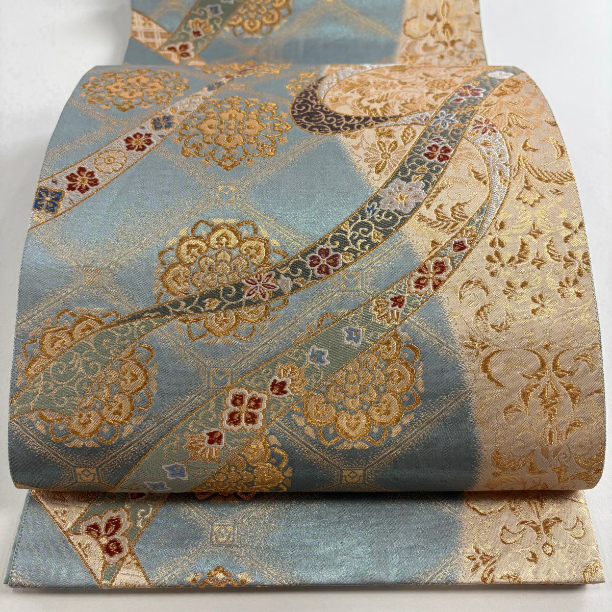 【美品】 袋帶 秀品級 華紋 熨斗紋 金絲 金金箔 青綠 六通 純蠶絲