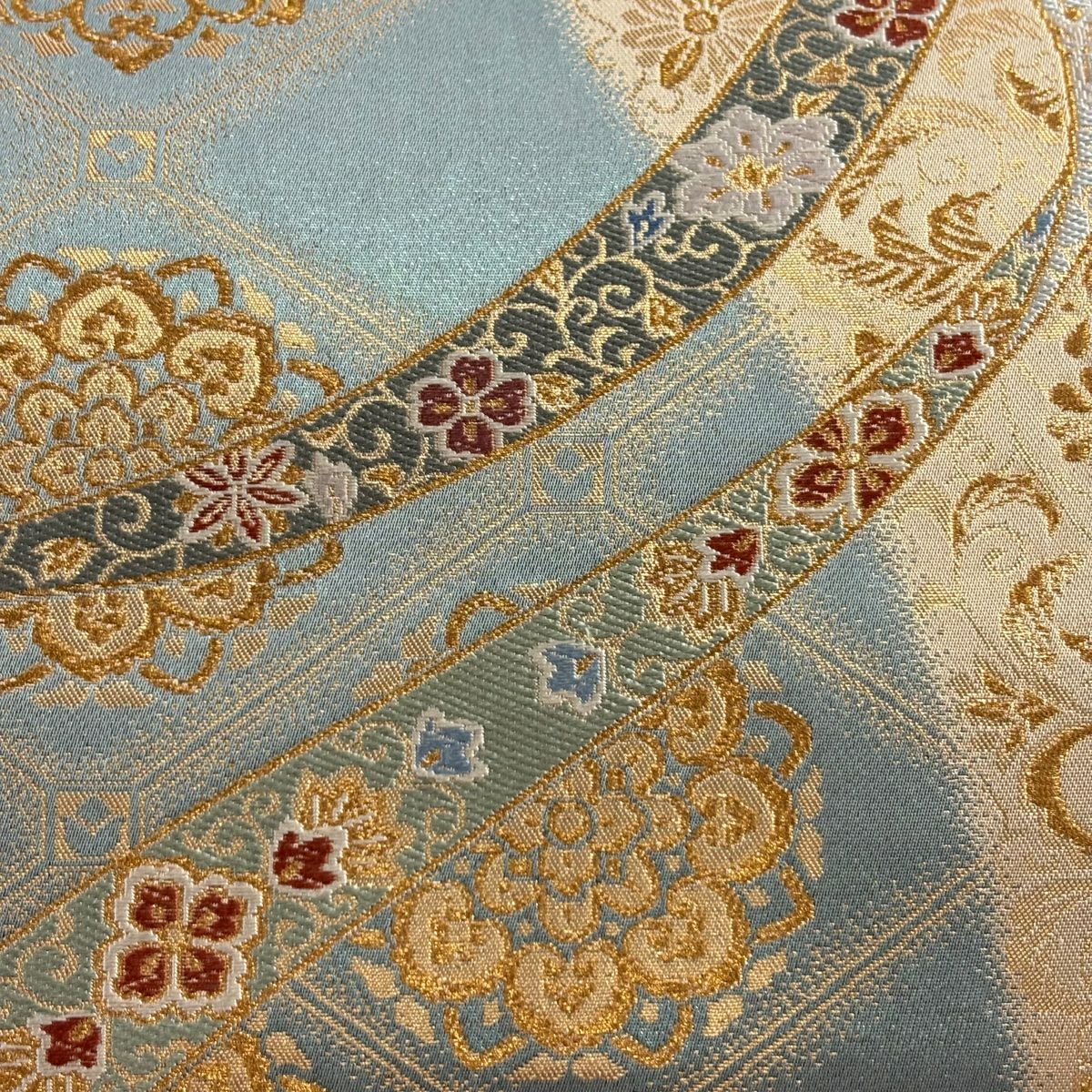 【美品】 袋帶 秀品級 華紋 熨斗紋 金絲 金金箔 青綠 六通 純蠶絲
