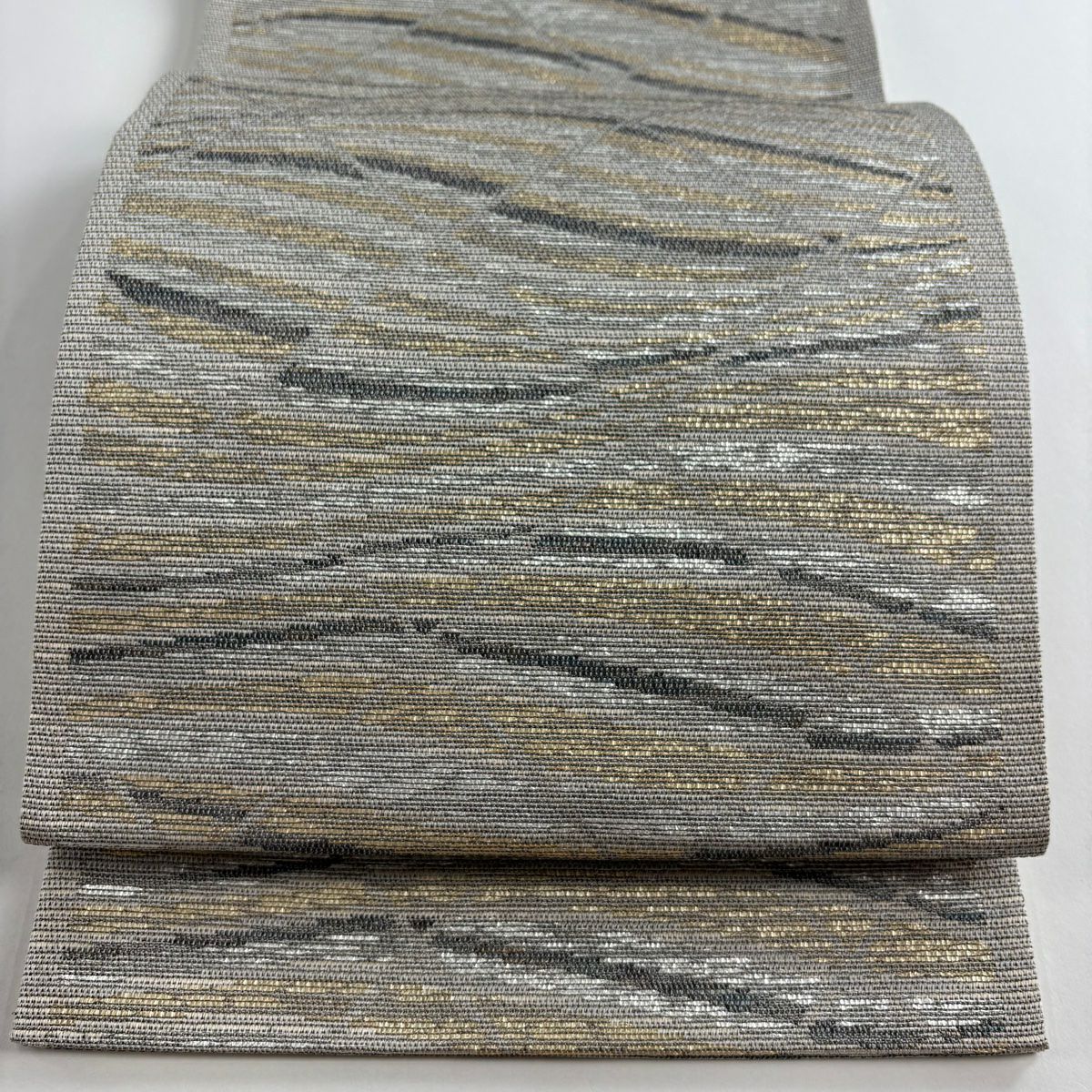 【美品】 袋帶 秀品級 幾何圖案 金金箔 銀 六通 純蠶絲