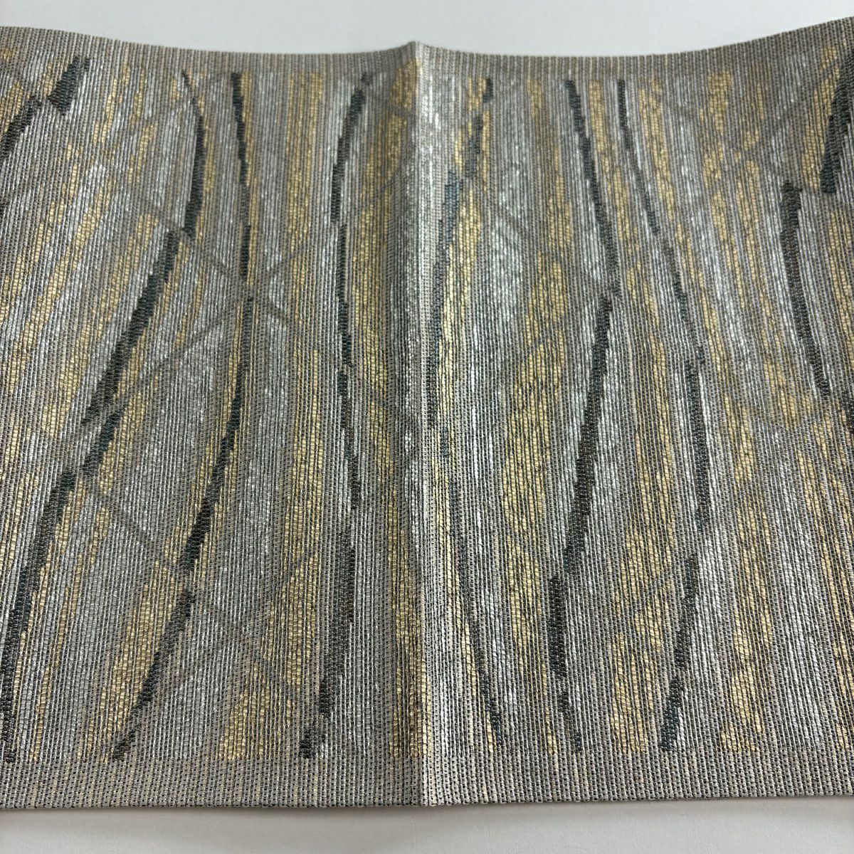 【美品】 袋帶 秀品級 幾何圖案 金金箔 銀 六通 純蠶絲
