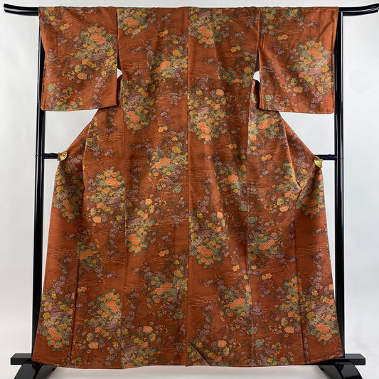 【美品】 小紋 身長161cm 袖長66.5cm M 雙層 紬織織 證書齊全 草花紋紋 波 紅茶 純蠶絲 優品級