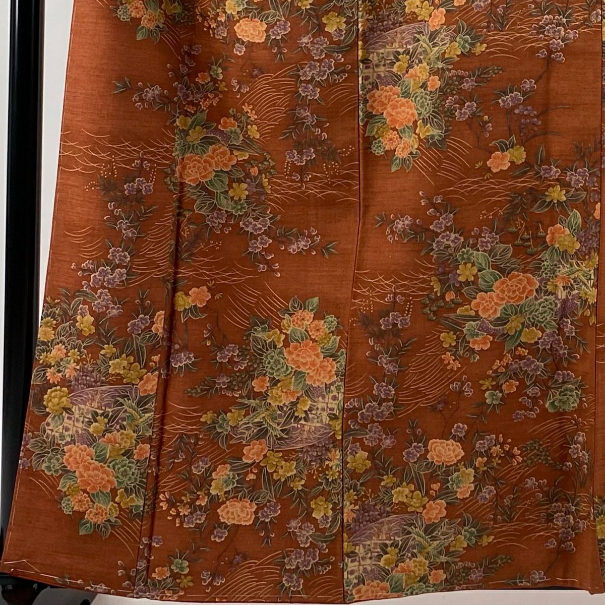 【美品】 小紋 身長161cm 袖長66.5cm M 雙層 紬織織 證書齊全 草花紋紋 波 紅茶 純蠶絲 優品級