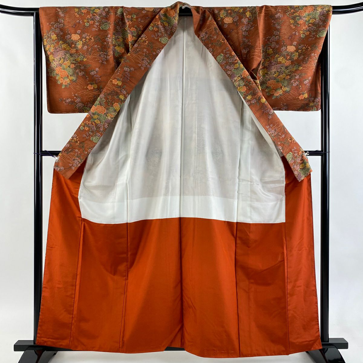 【美品】 小紋 身長161cm 袖長66.5cm M 雙層 紬織織 證書齊全 草花紋紋 波 紅茶 純蠶絲 優品級