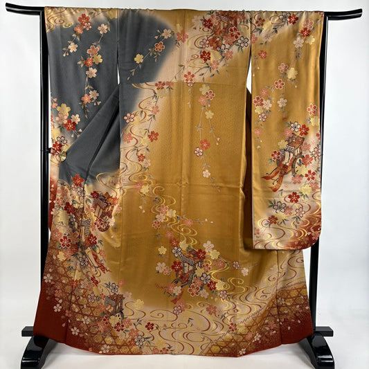 【美品】振袖禮服 身長166.5cm 袖長67cm L 雙層 鈴乃屋 御所車 櫻花 金絲 金銀彩 黃土 純蠶絲 秀品級