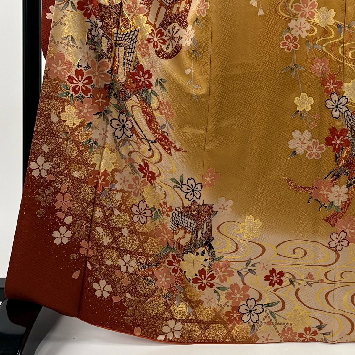 【美品】振袖禮服 身長166.5cm 袖長67cm L 雙層 鈴乃屋 御所車 櫻花 金絲 金銀彩 黃土 純蠶絲 秀品級