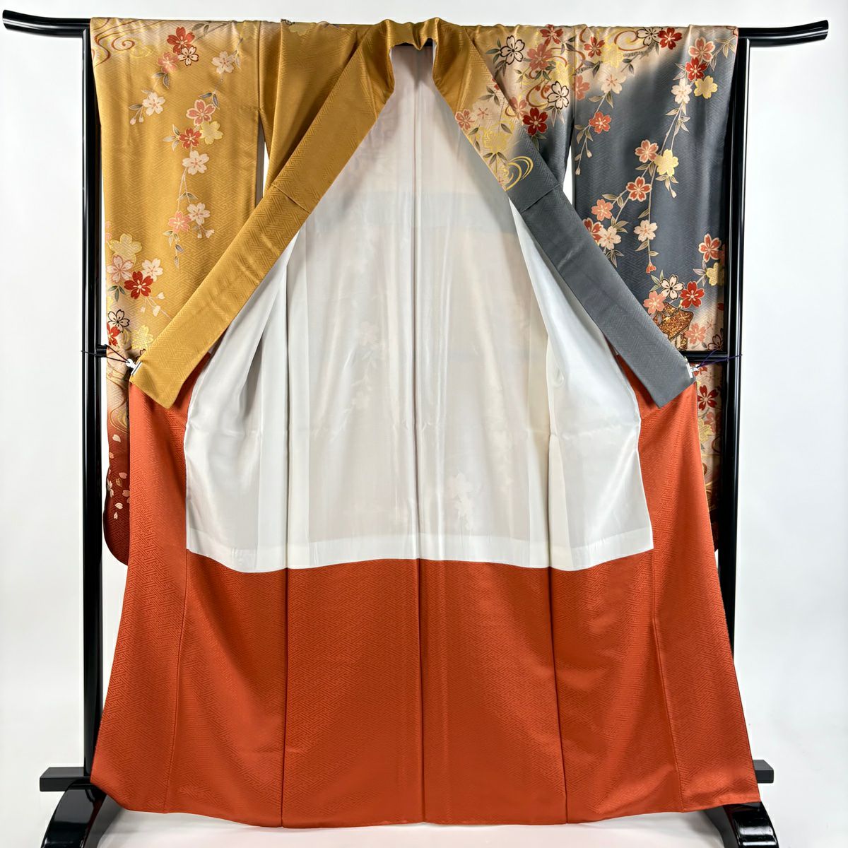 【美品】振袖禮服 身長166.5cm 袖長67cm L 雙層 鈴乃屋 御所車 櫻花 金絲 金銀彩 黃土 純蠶絲 秀品級