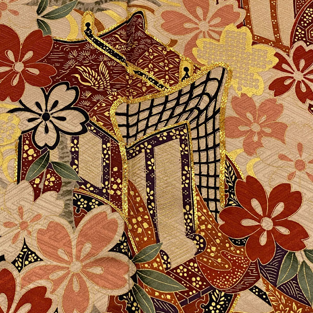 【美品】振袖禮服 身長166.5cm 袖長67cm L 雙層 鈴乃屋 御所車 櫻花 金絲 金銀彩 黃土 純蠶絲 秀品級