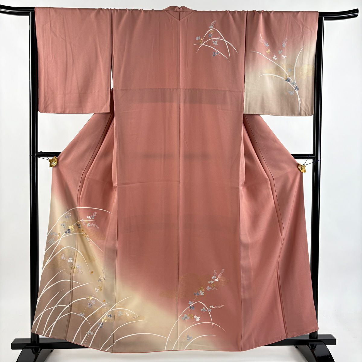 訪問服 身長160cm 袖長66.5cm M 雙層 萩 雲紋 金絲 金銀彩 粉米色 純蠶絲 優品級