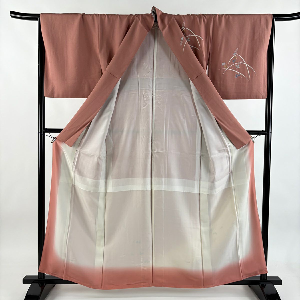 訪問服 身長160cm 袖長66.5cm M 雙層 萩 雲紋 金絲 金銀彩 粉米色 純蠶絲 優品級