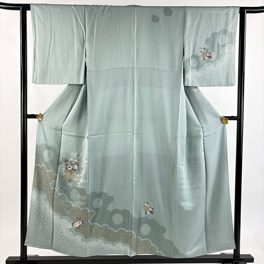 訪問服 身長153cm 袖長62cm S 雙層 花車 雲文 絞染 刺繡 青灰 純蠶絲 秀品級