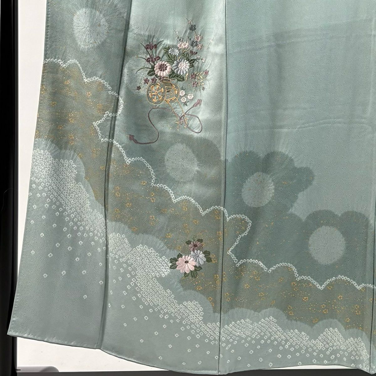 訪問服 身長153cm 袖長62cm S 雙層 花車 雲文 絞染 刺繡 青灰 純蠶絲 秀品級