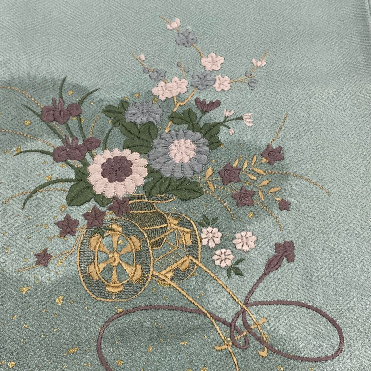 訪問服 身長153cm 袖長62cm S 雙層 花車 雲文 絞染 刺繡 青灰 純蠶絲 秀品級