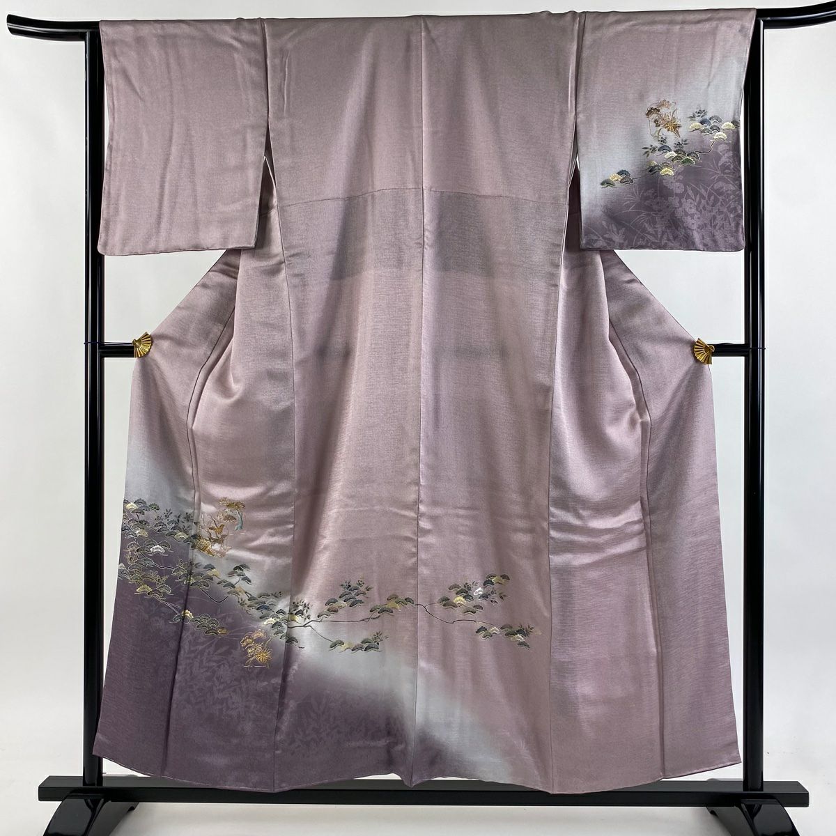 【美品】 付下 身長155cm 袖長65.5cm M 雙層 仙鶴 松樹 金絲 金銀彩 淺紫 純蠶絲 優品級
