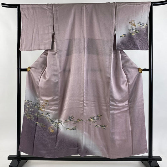 【美品】 付下 身長155cm 袖長65.5cm M 雙層 仙鶴 松樹 金絲 金銀彩 淺紫 純蠶絲 優品級