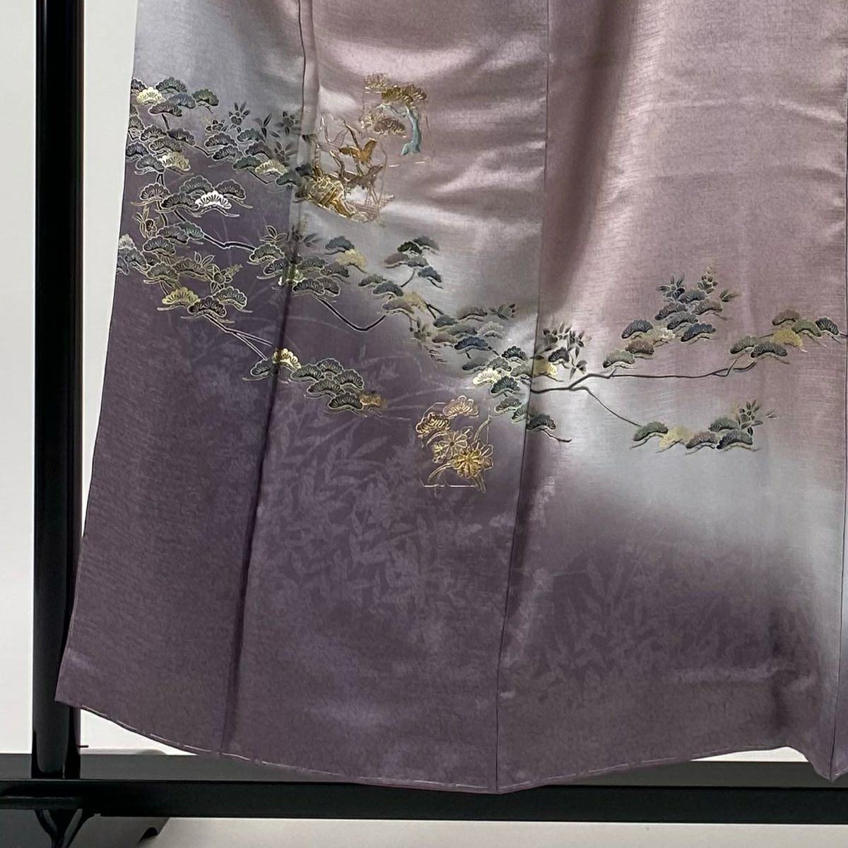 【美品】 付下 身長155cm 袖長65.5cm M 雙層 仙鶴 松樹 金絲 金銀彩 淺紫 純蠶絲 優品級