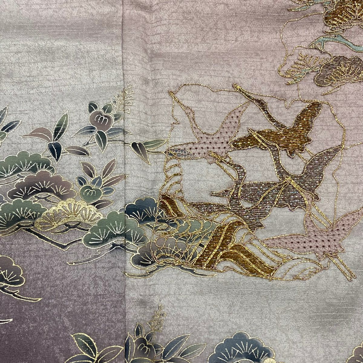 【美品】 付下 身長155cm 袖長65.5cm M 雙層 仙鶴 松樹 金絲 金銀彩 淺紫 純蠶絲 優品級