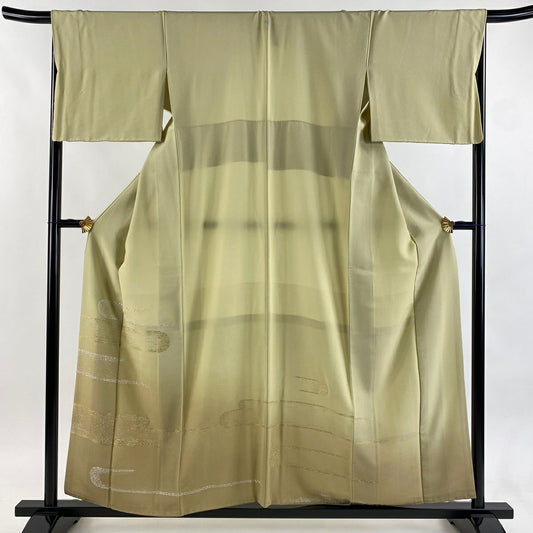 色留袖禮服 身長157.5cm 袖長67cm M 雙層 霞 刺繡 金線 米色 純蠶絲 秀品級 一個紋