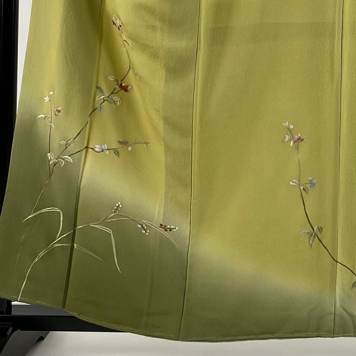 付下 身長159cm 袖長64cm M 雙層 草花紋紋 漸層 抹茶 純蠶絲 優品級
