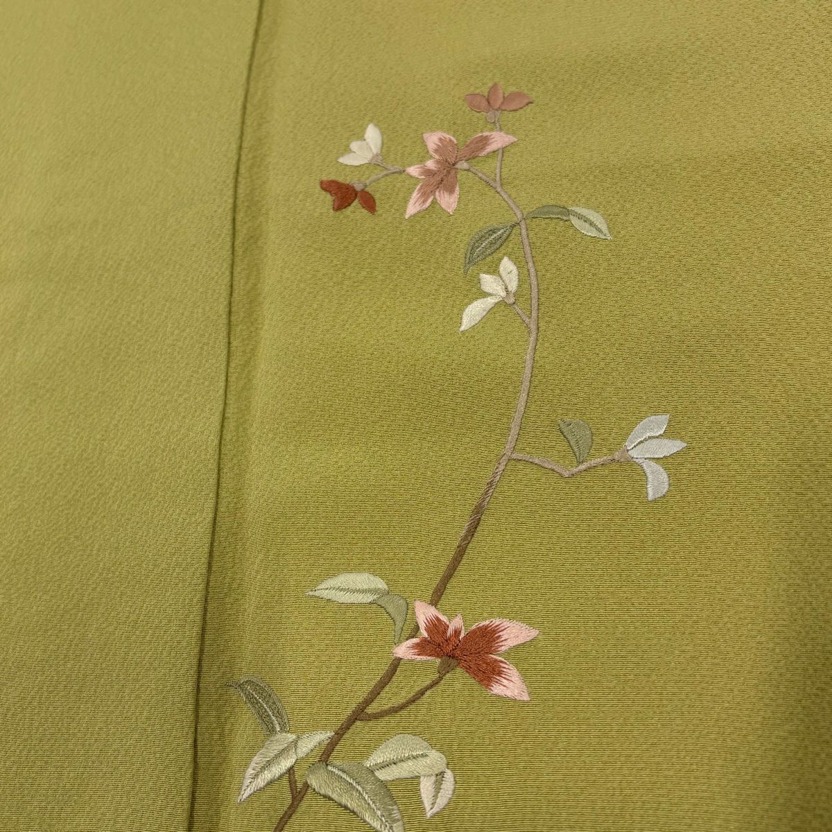 付下 身長159cm 袖長64cm M 雙層 草花紋紋 漸層 抹茶 純蠶絲 優品級