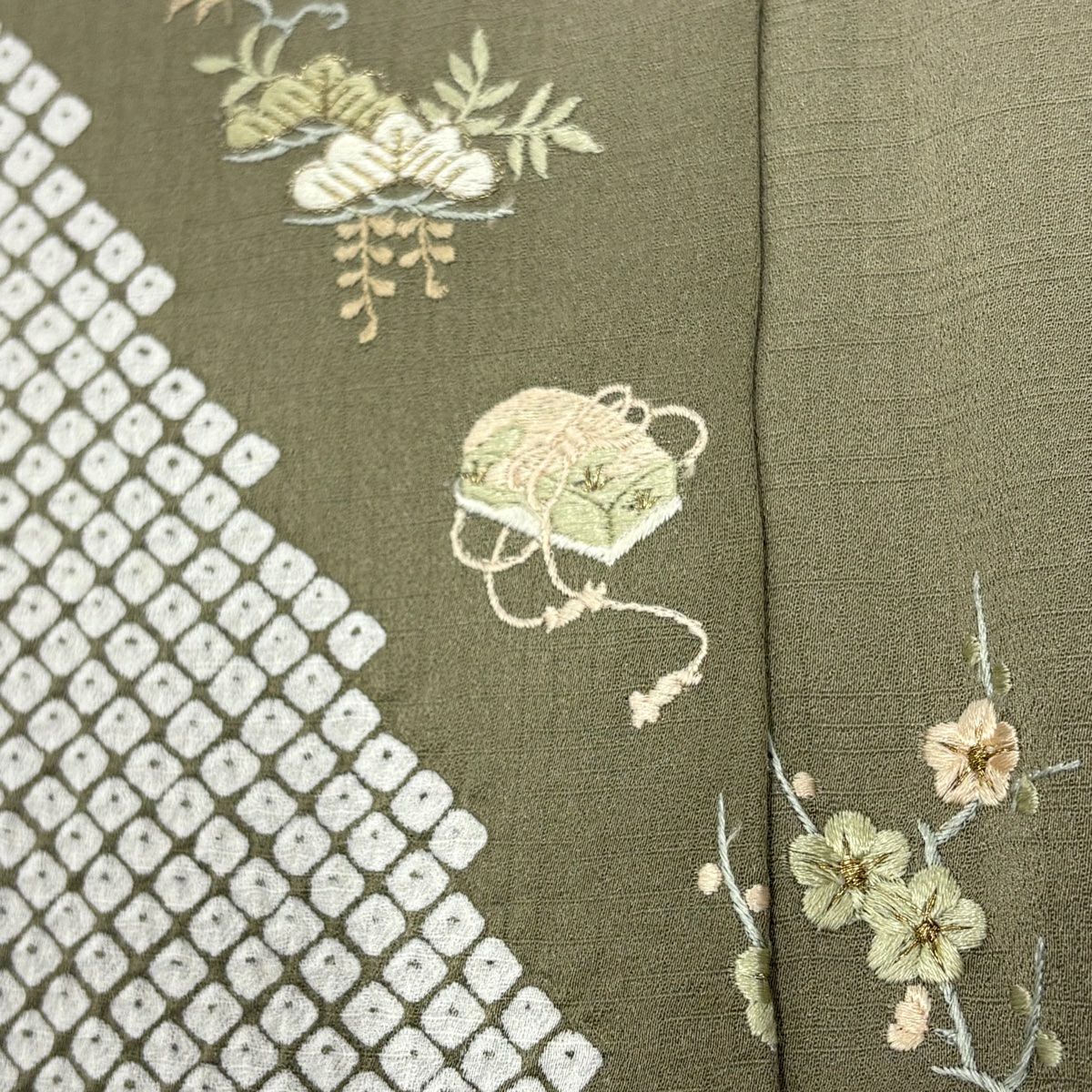 付下 身長157.5cm 袖長65cm M 雙層 松樹竹子梅花 文箱 刺繡 金糸 淺茶 純蠶絲 優品級