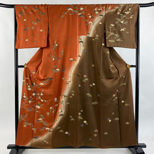 訪問服 身長157cm 袖長67cm M 雙層 松樹梅花 楓 金銀彩 漸層 紅茶 純蠶絲 優品級