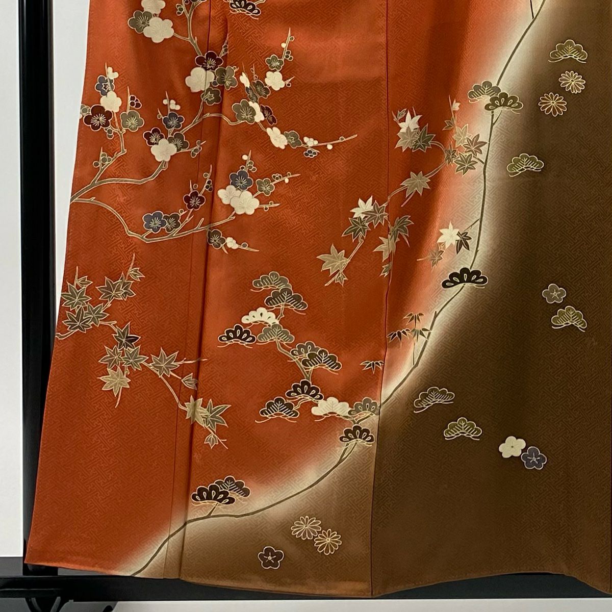 訪問服 身長157cm 袖長67cm M 雙層 松樹梅花 楓 金銀彩 漸層 紅茶 純蠶絲 優品級