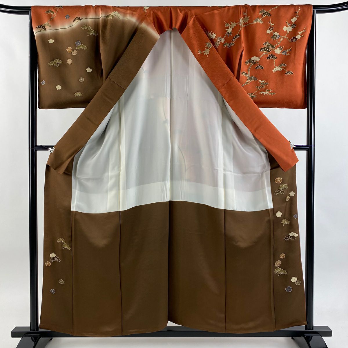 訪問服 身長157cm 袖長67cm M 雙層 松樹梅花 楓 金銀彩 漸層 紅茶 純蠶絲 優品級