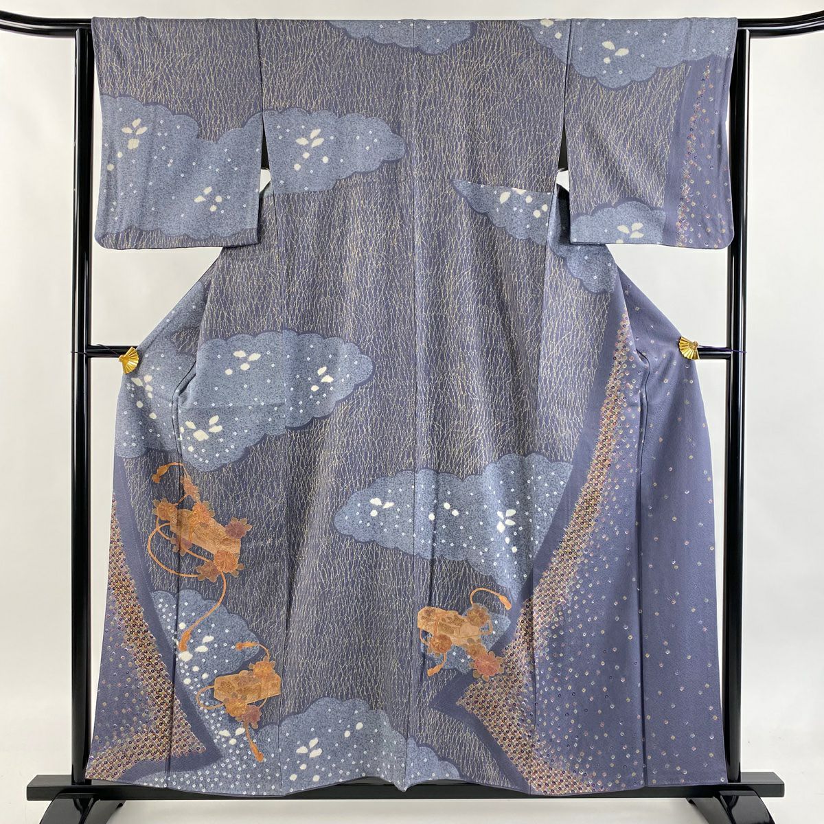 訪問服 身長158.5cm 袖長64cm M 雙層 文箱 雲 刺繡 金彩裝飾 灰紫 純蠶絲 秀品級