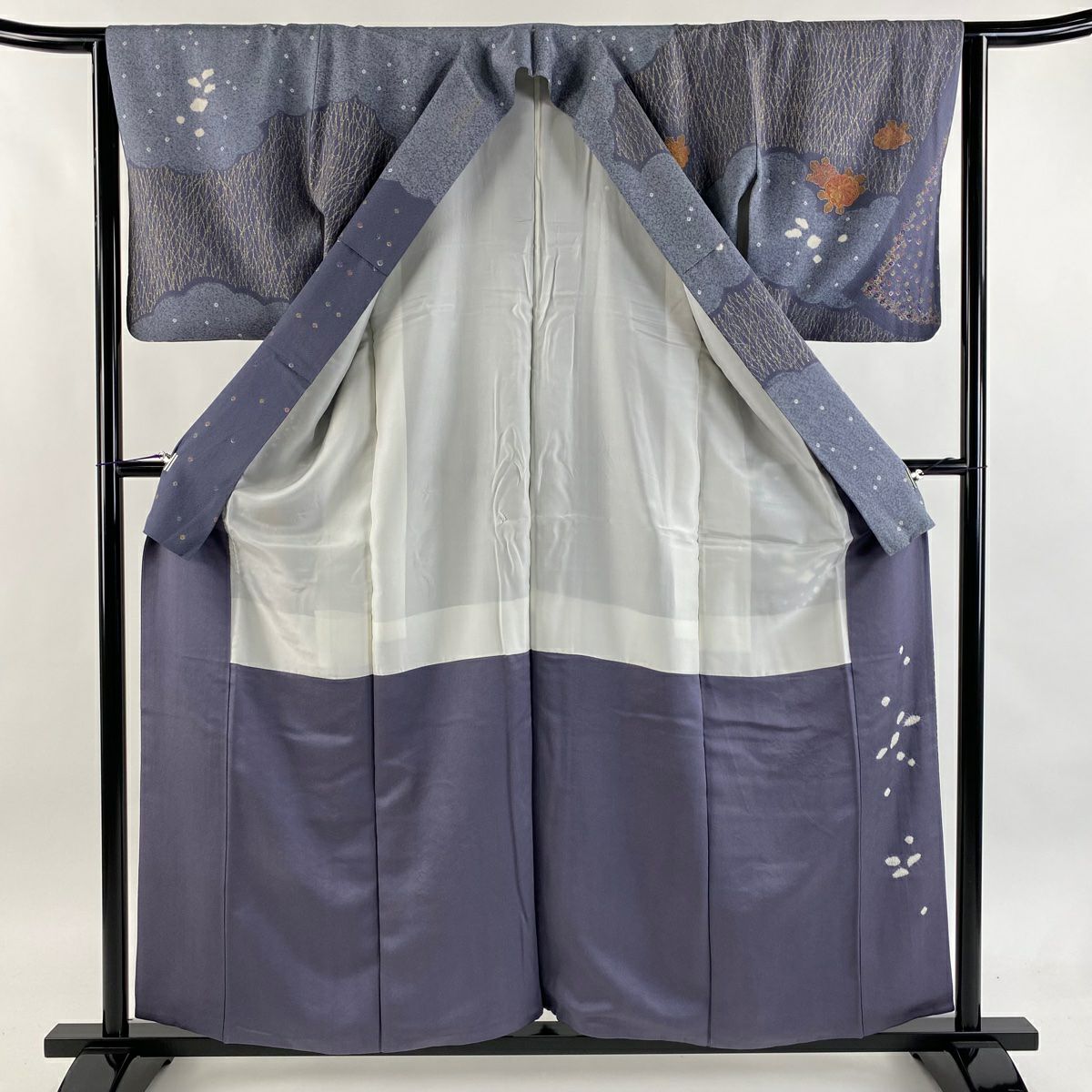 訪問服 身長158.5cm 袖長64cm M 雙層 文箱 雲 刺繡 金彩裝飾 灰紫 純蠶絲 秀品級