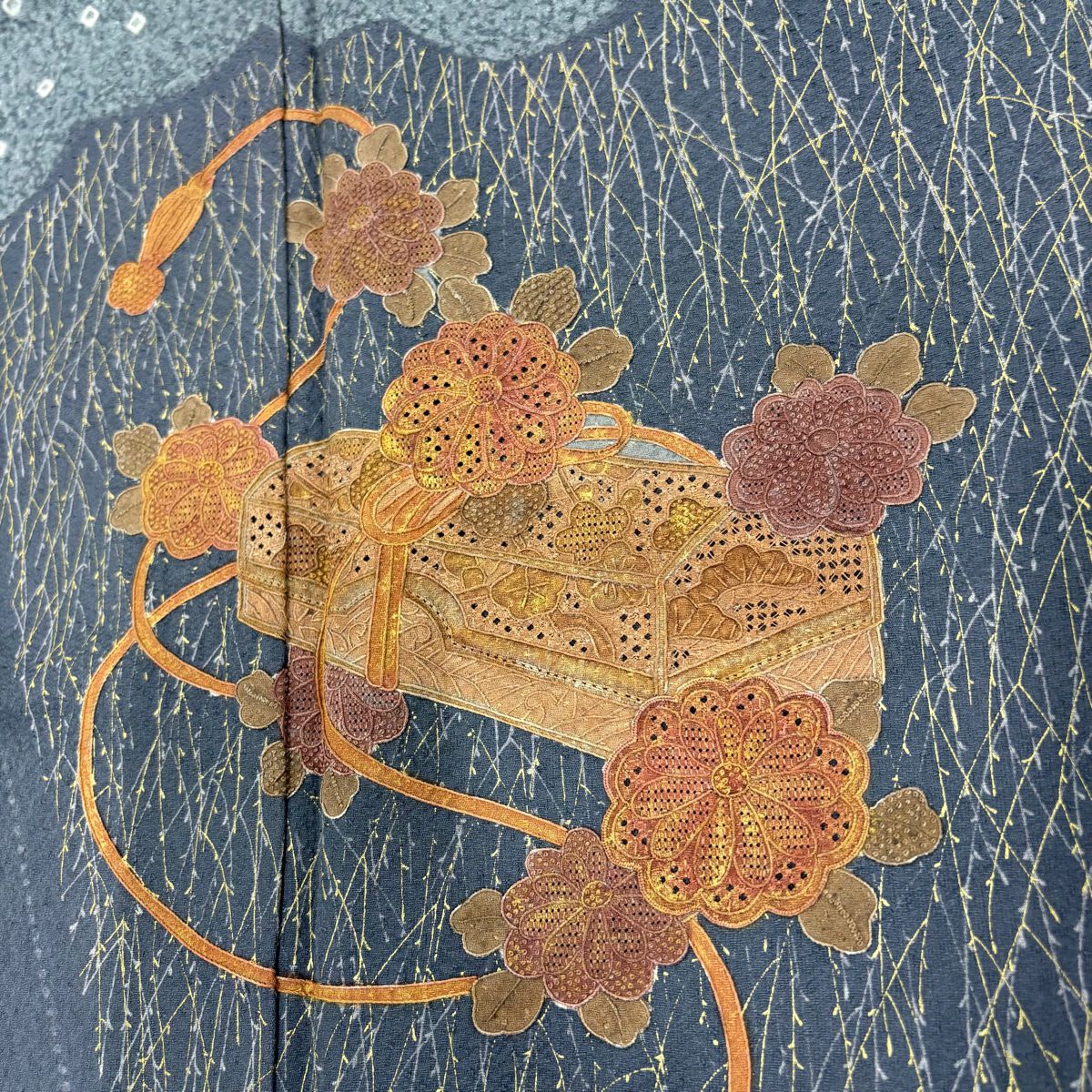 訪問服 身長158.5cm 袖長64cm M 雙層 文箱 雲 刺繡 金彩裝飾 灰紫 純蠶絲 秀品級
