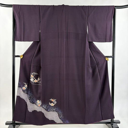付下 身長157cm 袖長66cm M 雙層 草花紋紋 刺繡 金糸 深紫 純蠶絲 優品級