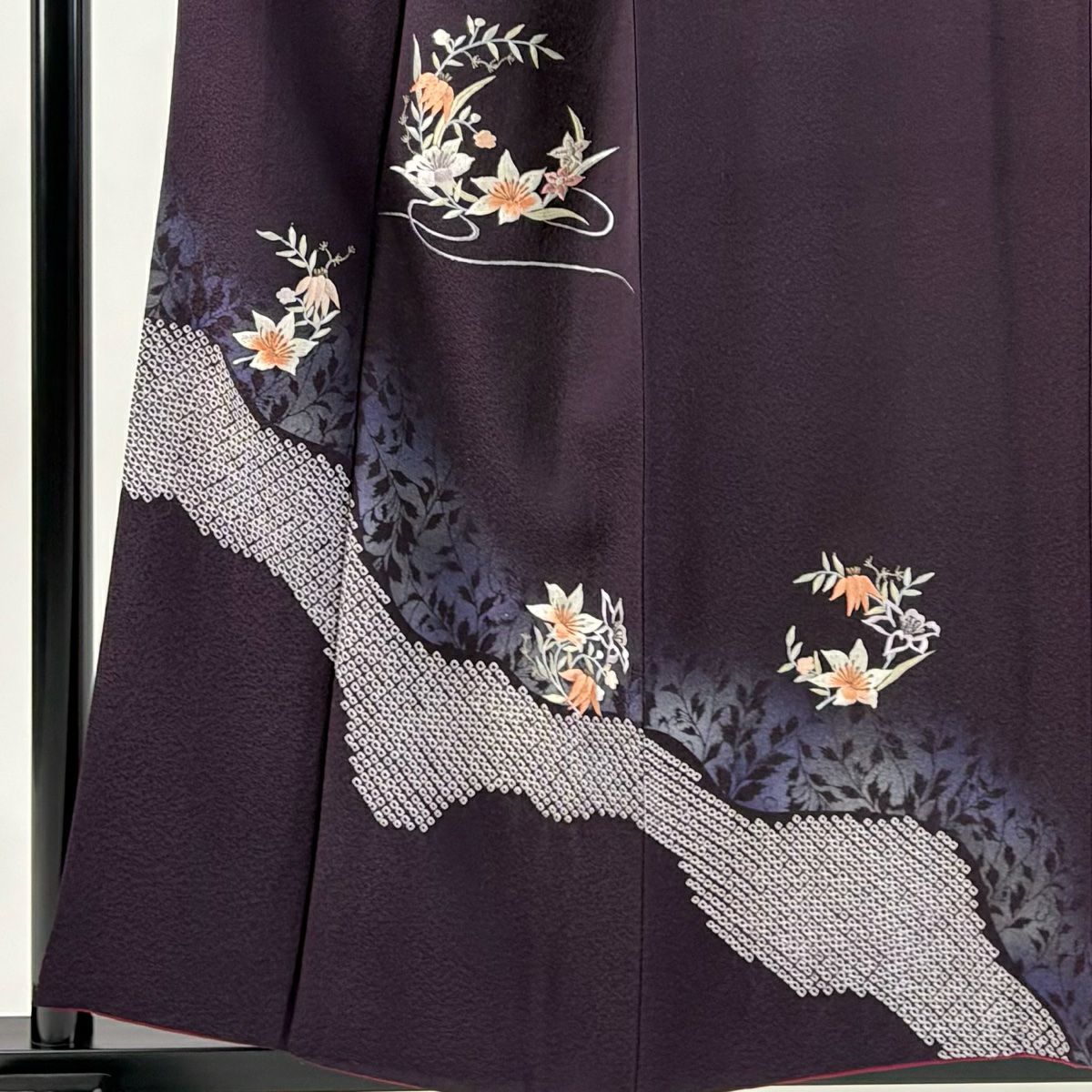 付下 身長157cm 袖長66cm M 雙層 草花紋紋 刺繡 金糸 深紫 純蠶絲 優品級