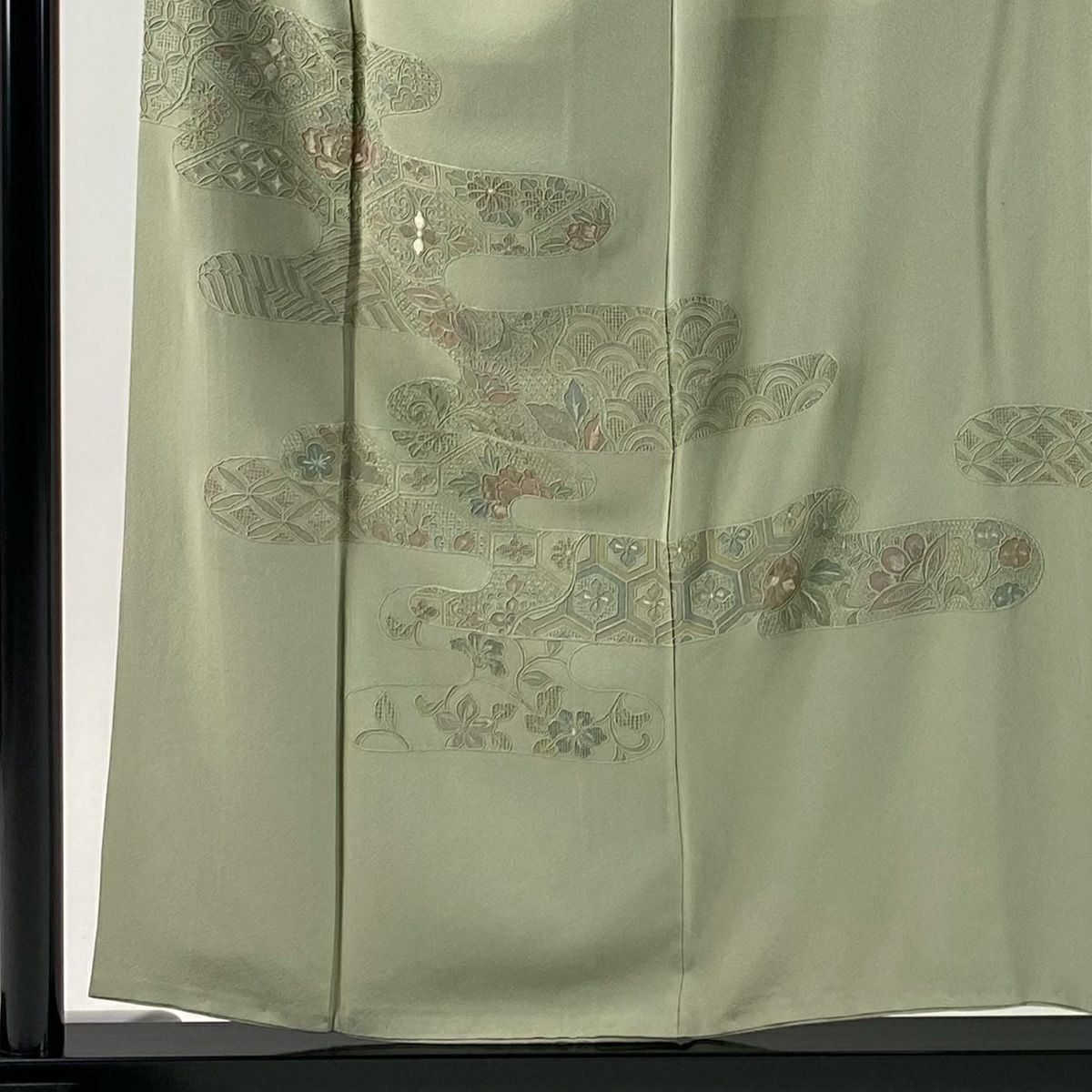 付下 身長155cm 袖長62cm S 雙層 霞 草花紋刺繡 灰綠 純蠶絲 秀品級