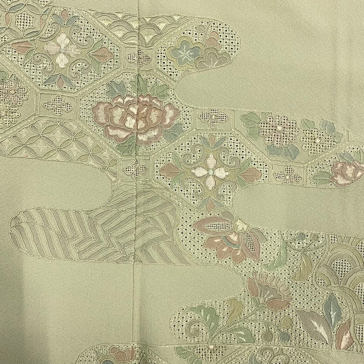 付下 身長155cm 袖長62cm S 雙層 霞 草花紋刺繡 灰綠 純蠶絲 秀品級
