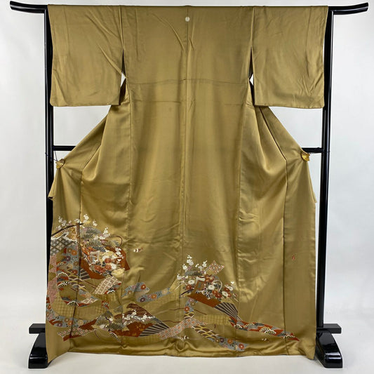 留袖禮服禮服 身長172cm 袖長64cm M 雙層 落款あり 幾帳 扇子 金絲 金銀彩 淺茶 純蠶絲 秀品級 一つ紋