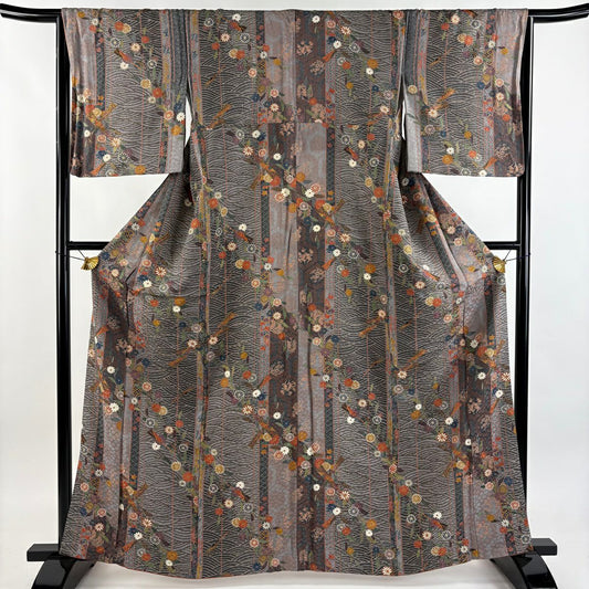 【美品】 小紋 身長163.5cm 袖長65cm M 雙層 波 草花紋紋 金彩裝飾 灰紫 純蠶絲 秀品級