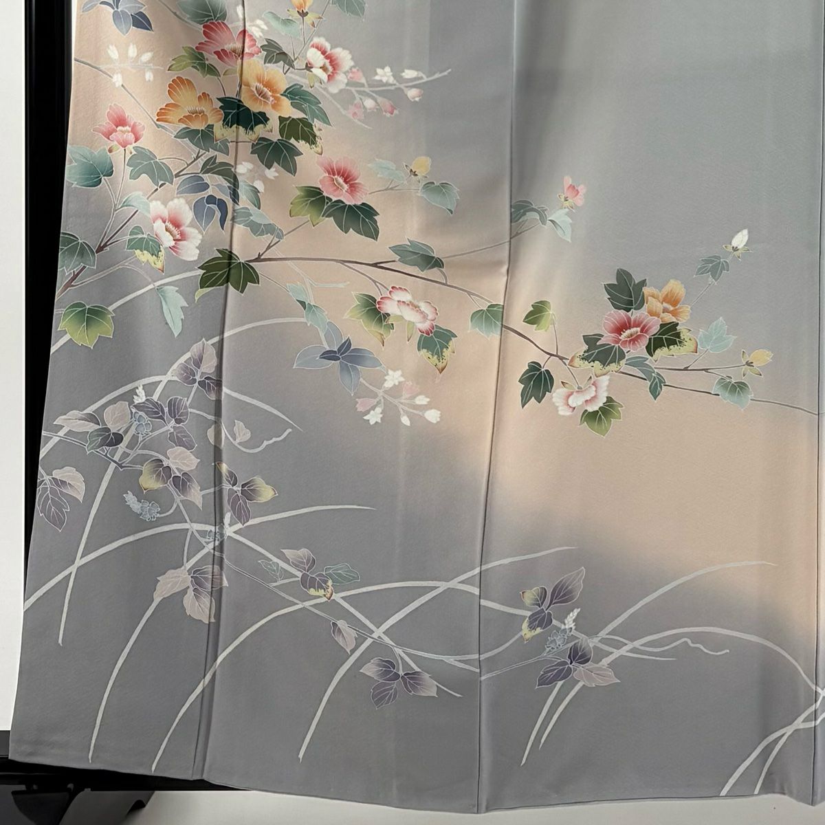 訪問服 身長161cm 袖長64cm M 雙層 落款有 枝花 染分 逐漸變色 灰色 純蠶絲 優品級