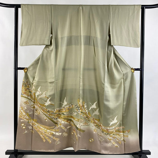 色留袖禮服 身長156cm 袖長62.5cm S 雙層 束ね熨斗紋 仙鶴 金絲 金銀彩 抹茶 純蠶絲 秀品級 一つ紋