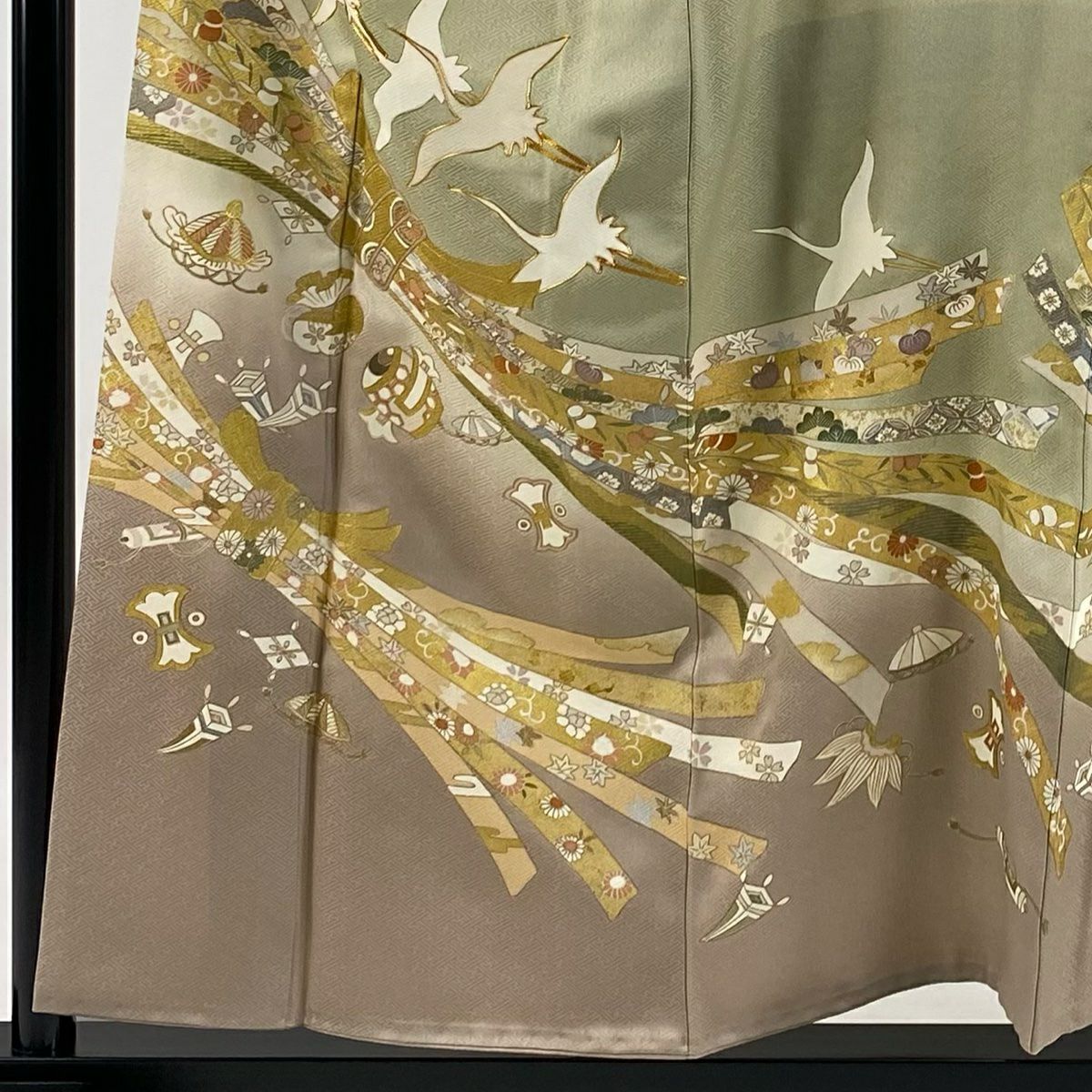 色留袖禮服 身長156cm 袖長62.5cm S 雙層 束ね熨斗紋 仙鶴 金絲 金銀彩 抹茶 純蠶絲 秀品級 一つ紋