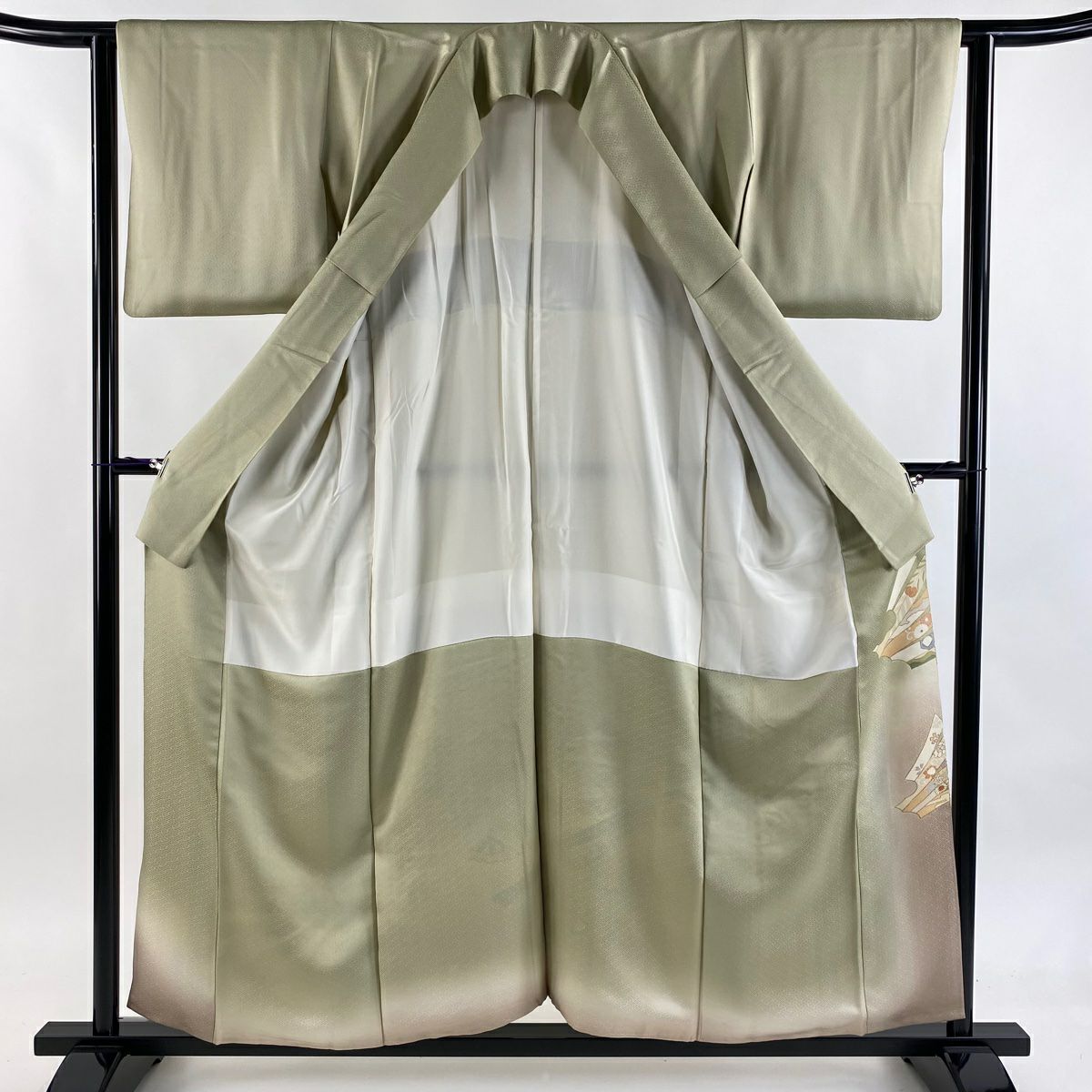 色留袖禮服 身長156cm 袖長62.5cm S 雙層 束ね熨斗紋 仙鶴 金絲 金銀彩 抹茶 純蠶絲 秀品級 一つ紋